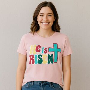 NEW Women's Size XL "He is Risen" Easter Shirt Top Adiva Peach Jesus Christian